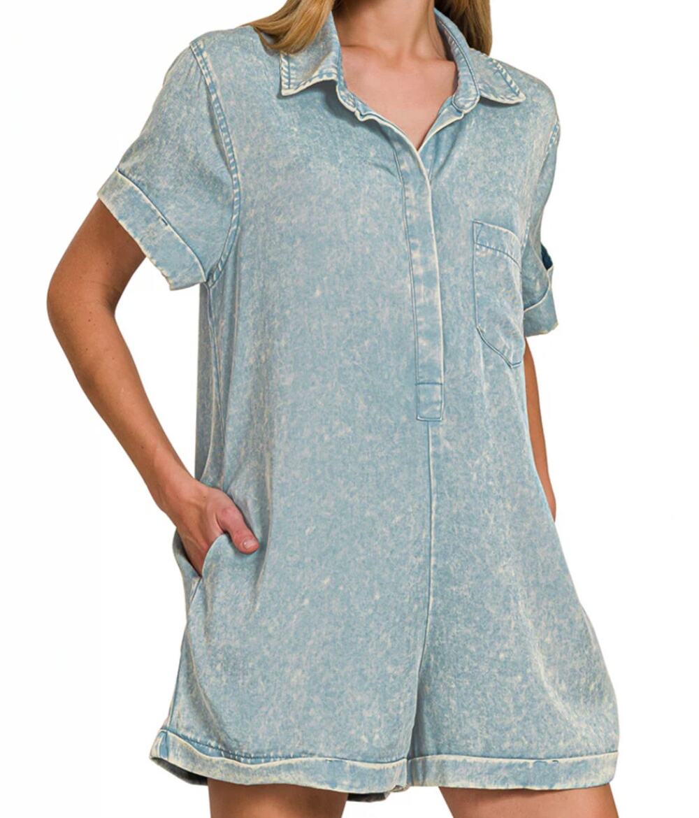 Zenana Half Button Front Shirt Romper Acid Wash Blue Size Small